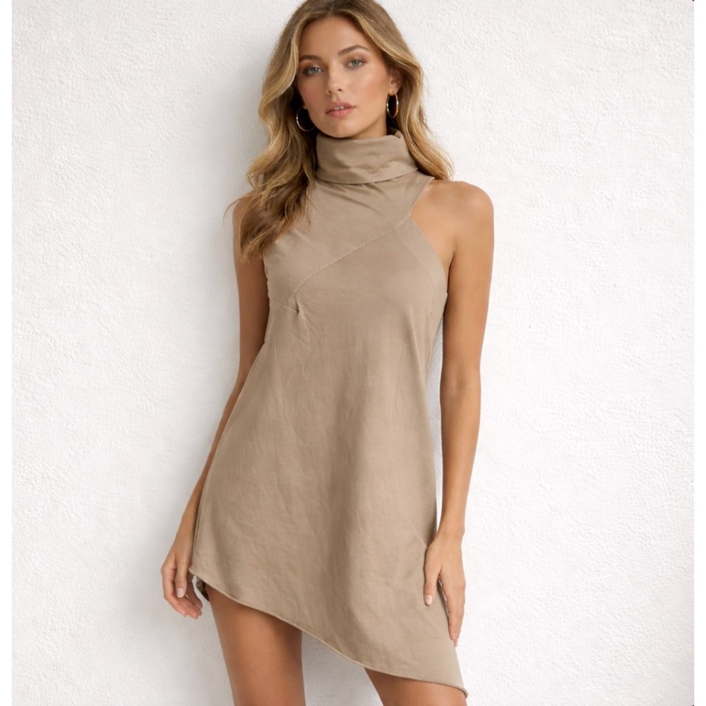 Rooms Lost &‎ Found Ria Dunn Shift Dress One Size Sleeveless Asymmetrical Taupe